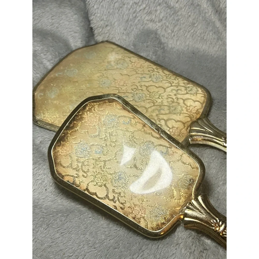 Vintage Gold Vanity Mirror Hair Brush Set Floral Brocade‎ Design Dressing Set